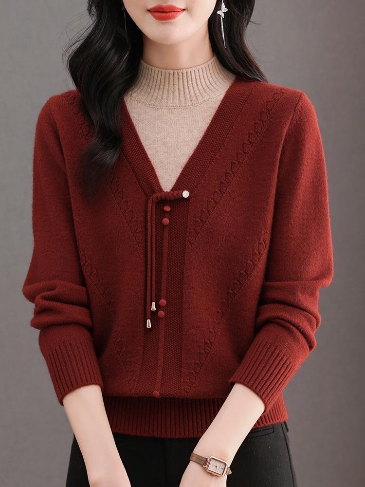 2025 Chinese Style Knit Base Layer Sweater for Middle-Aged & Elderly Women: Thick, Warm, Autumn/Winter New Arrivals