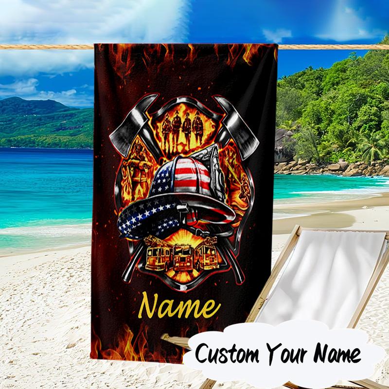 Custom Name Firefighter's Pride Badge Microfiber Beach Towel Super Soft & Absorbent for Bath, Beach, Travel Bath Time Accessory, Fan gifts