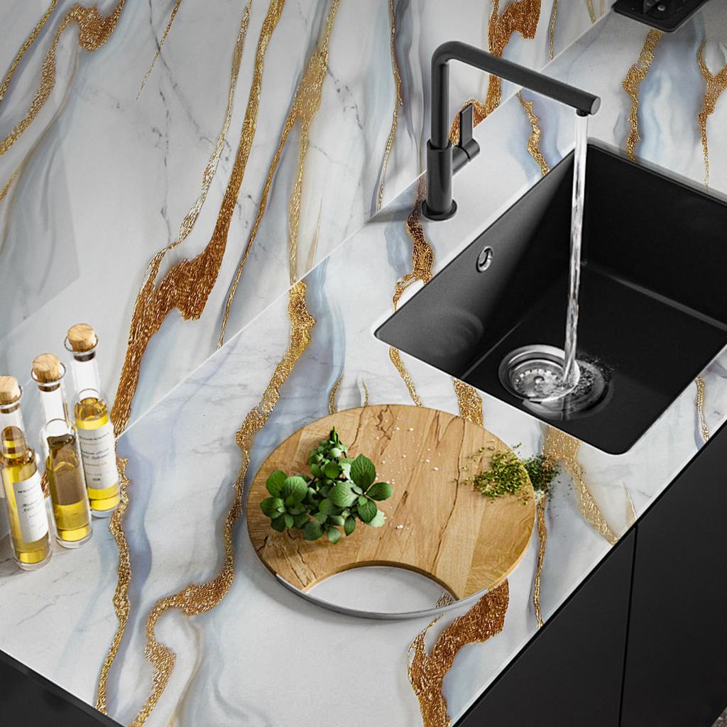 Samolepicí mramorová tapeta se zlatou fólií, odlepovací a nalepovací, vodotěsná, odolná proti oleji, nálepka na kuchyňskou zástěnu a pracovní desku, 5vrstvá PET samolepka na zeď pro nábytek