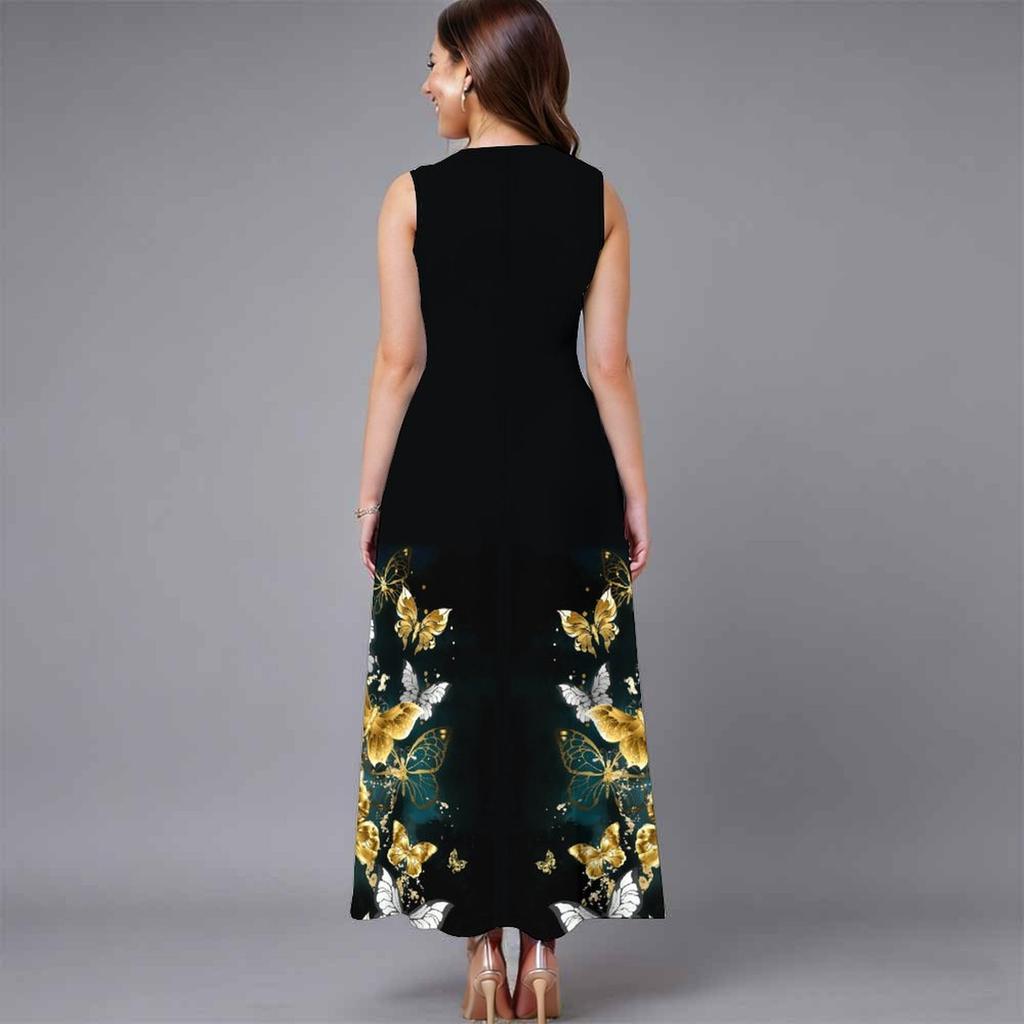Plus Size Women Sleeveless Round Neck Dress Fresh Tiny Ditsy Floral Flowy Mid Length Gown