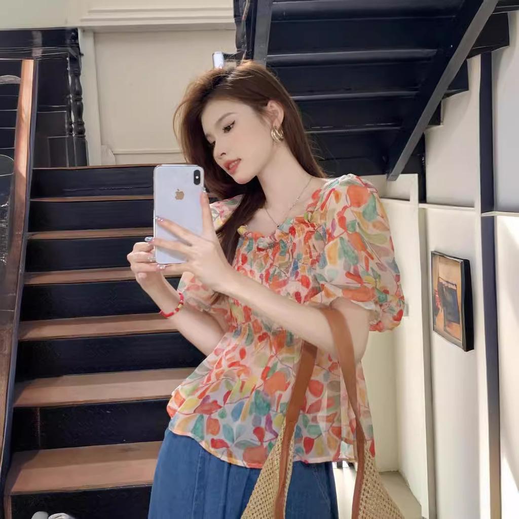 Sweet Style Short Spice Girl Square Collar Coffee Break Light Color New Flared Sleeve Thin Cute French Casual Short Sleeve Top
