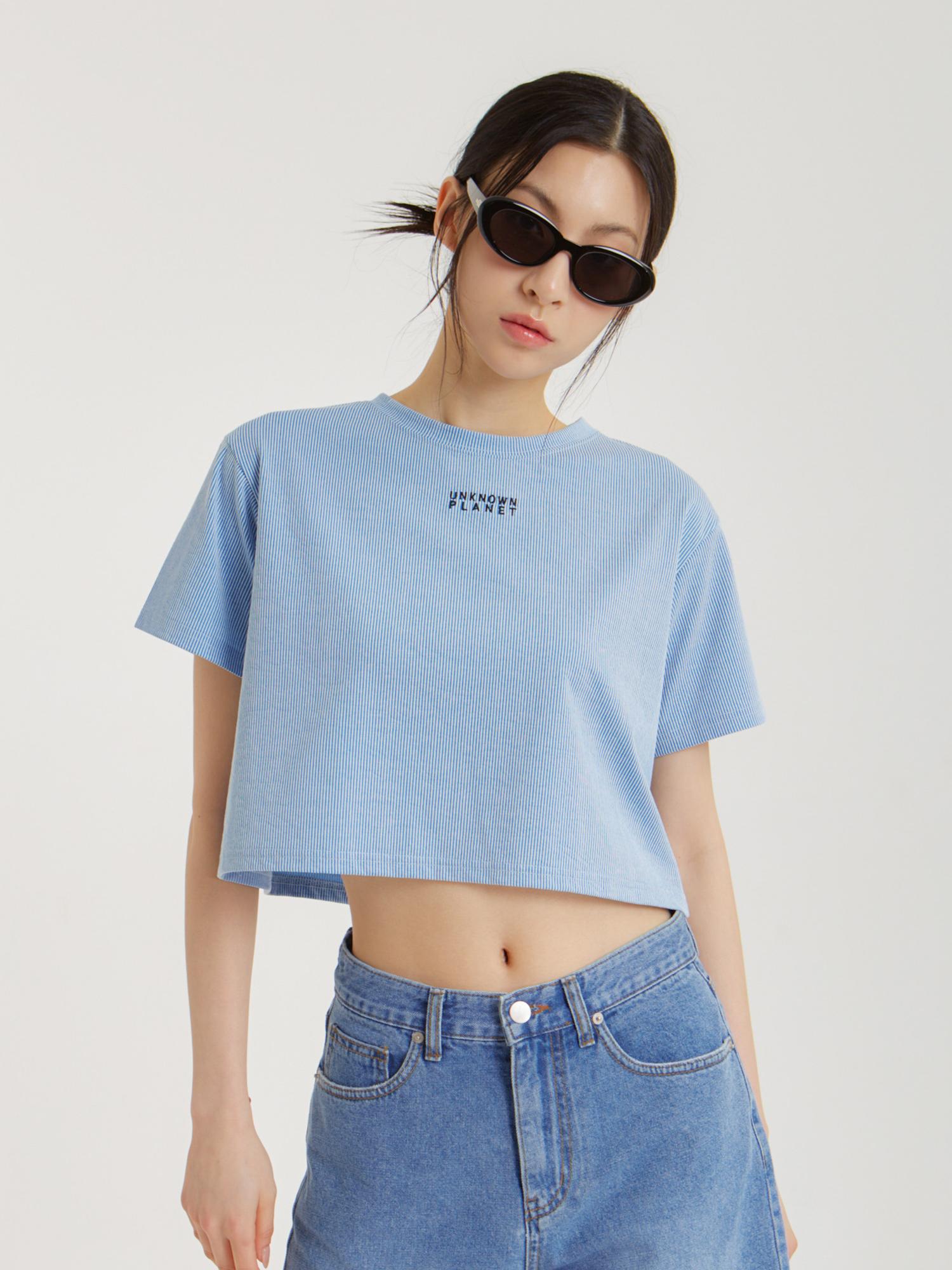Unknown Planet Logo Striped Crop Top In Blue Blue/Free