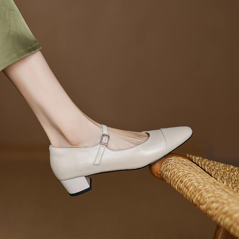 Krazing Pot Cow Skin Spring Summer Size 41 Thick Med Heels Women Round Toe Metal Buckle Straps Shallow Pink Color Pumps