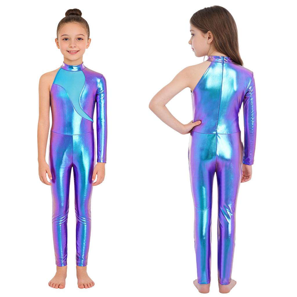 Girls Stage Performance Jumpsuit: Asymmetrical Metallic Mock Neck Mesh Patchwork Back Invisible Zipper Bodysuit Dancewear