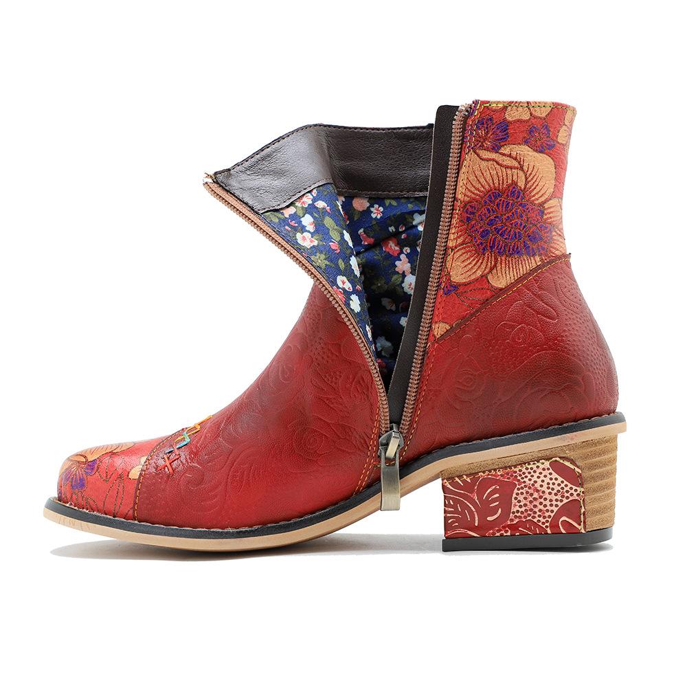 Johnature Vintage Rote Schuhe Handgefertigte kurze Damenstiefel aus echtem Leder mit Splice-Print zum Schnüren