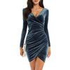 Women's Sexy Velvet Long Sleeve V Neck Mini Dress Ruched Bodycon Faux Wrap Cocktail