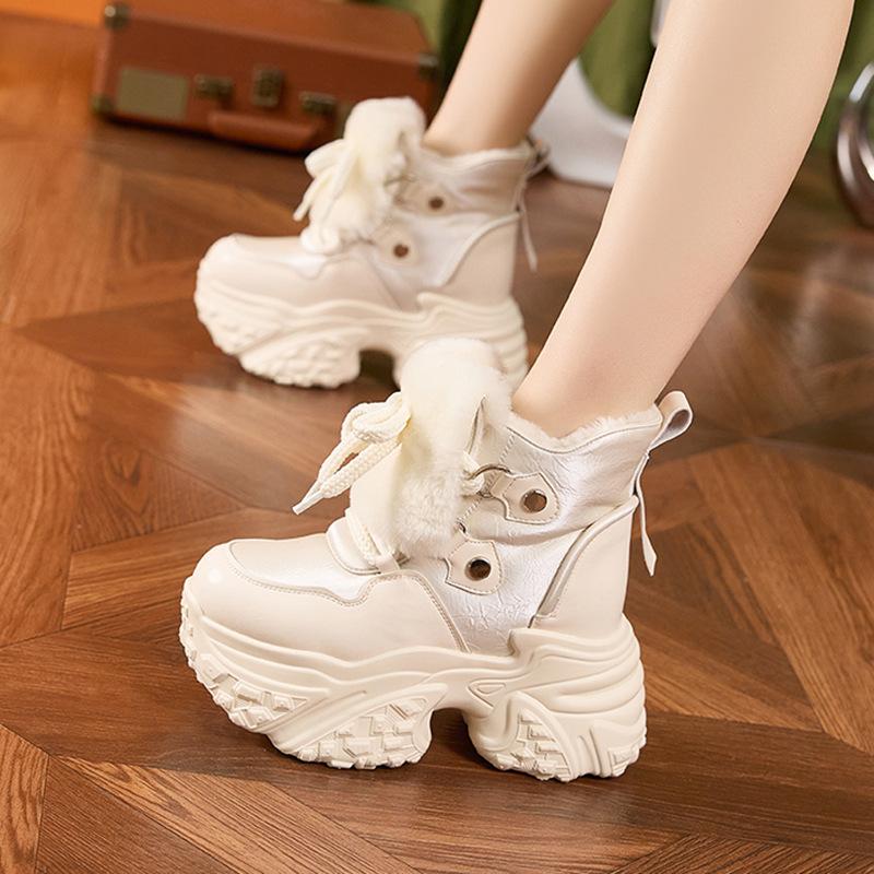 Fashion 10CM Genuine Leather Vulcanize Fashion Thick Bottom Women Chunky Sneakers Platform Wedge Causal Winter Plush Autumn Shoes