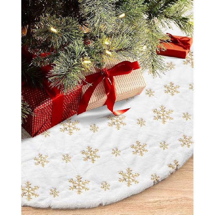 COOLWUFAN 48 Inches Faux Fur Christmas Tree Skirt for Xmas Tree Holiday Party Decoration White Plush Gold Sequin Snowflake (Gold) 48 inches