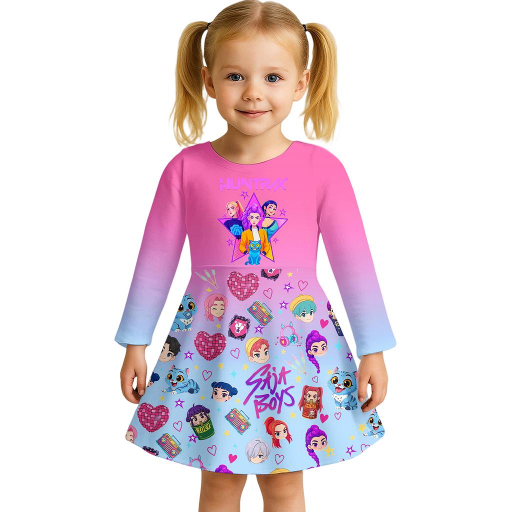 Kids Girls Casual Daily Dress Cute Cartoon Print Long Sleeves Dance Wear Princess Dress  2-12 Years