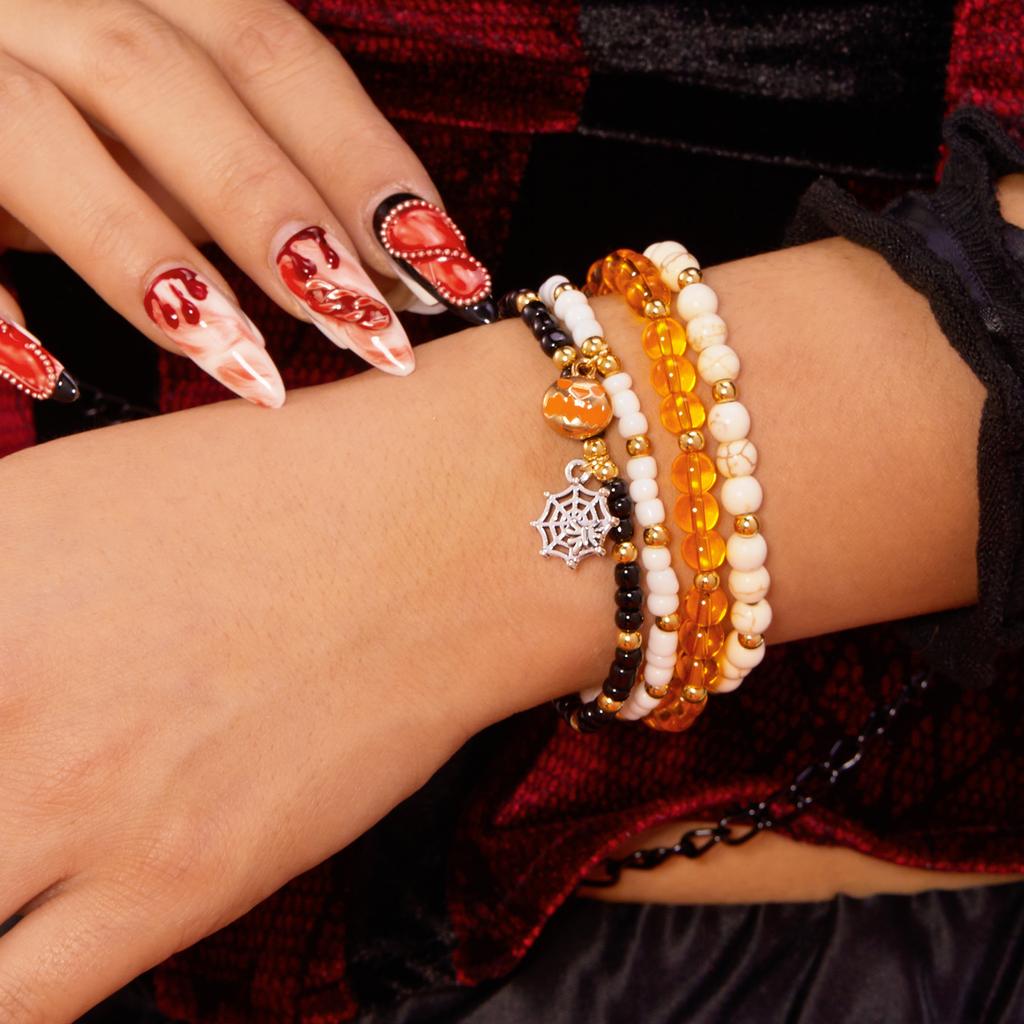 2Pcs/Set Halloween Pumpkin Spider Bracelets For Women Men Cute Cat Bat Ghost Couple Bangles Crystal Beads Bracelets Jewelry Gift