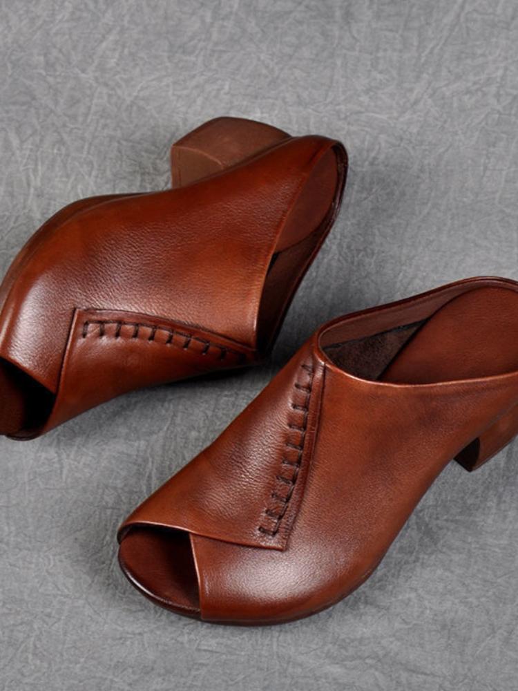 Fashion Thick-heeled Soft Leather Outer Slippers Fish Mouth Comfortable Versatile Mid-heeled Women Sandals Women's Mother's Shoes Women