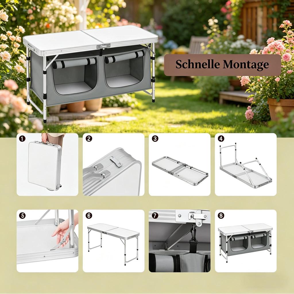 Picnic Table with Adjustable Leg, Foldable Garden Table, Camping Table with Hanging Storage Bag