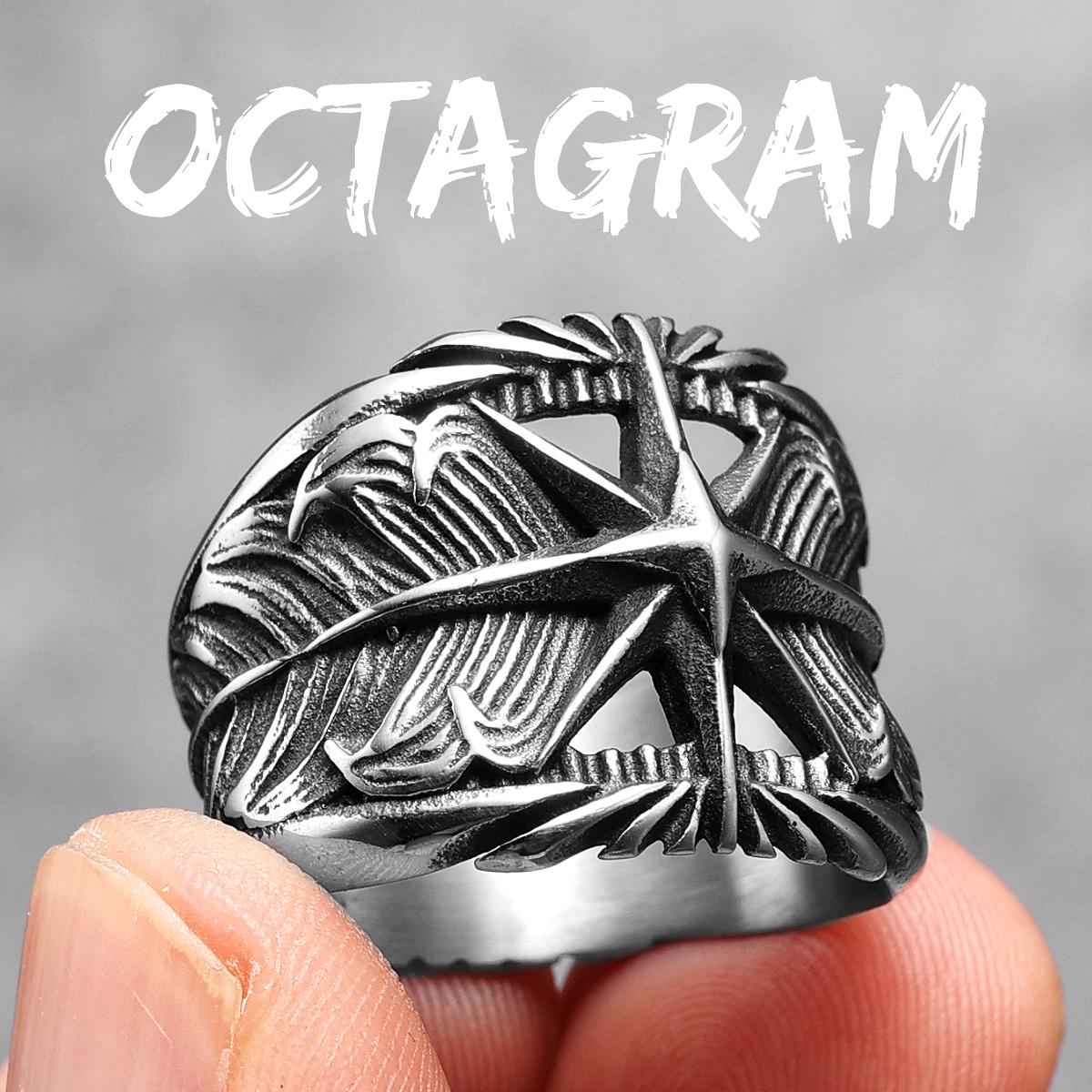 

Кольцо Octagram из нержавеющей стали 316L с перьями, мужское кольцо в стиле панк-рок, рэп для байкера, мужского друга, ювелирное изделие, креативный подарок 10