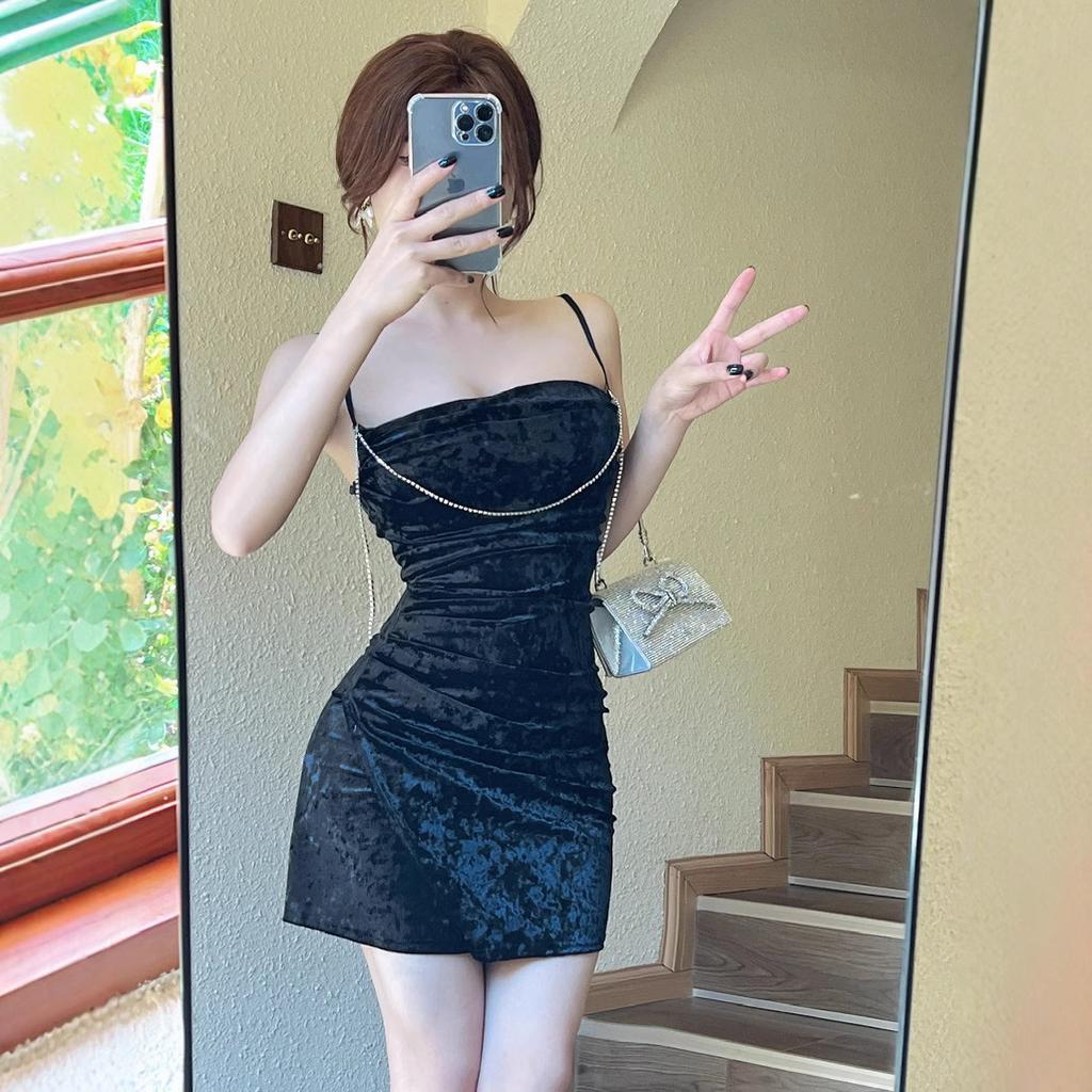 Temperament Golden Velvet Irregular Suspender Dress Nightclub Sexy Waist Pure Hip Wrap Bottom Dress