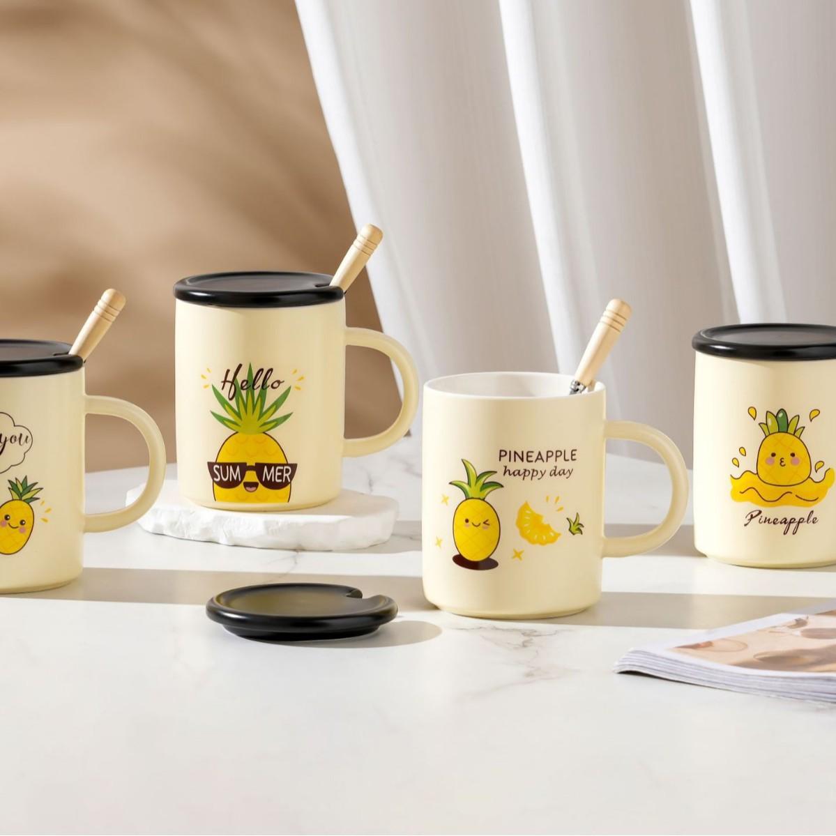 

Домашний набор Фруктовая серия Керамическая чашка с крышкой Ложка Милая кружка с ананасом и ручкой Большая емкость кружка 400ML