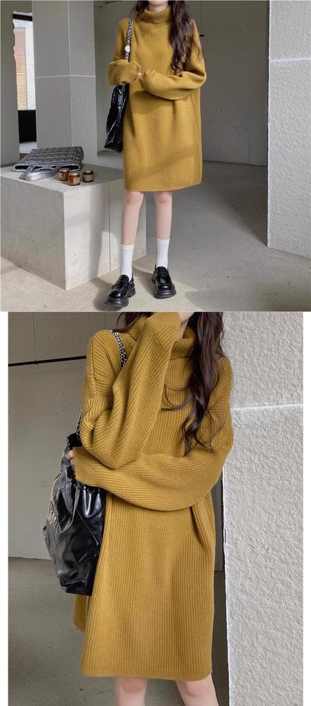 Korean Style High Neck Loose Sweater Dress - Petite Medium Length, Autumn/Winter