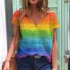 Summer Casual V-Neck Rainbow Printed Short Sleeve Women's T-Shirt Top