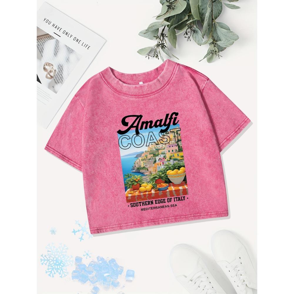 

Летние кроп-топы женские Побережье Амальфи Южный край Италии принты Выстиранная футболка с круглым вырезом Обычная посадка Футболки Одежда XL