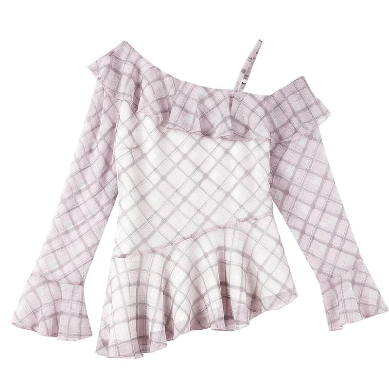 

Women s Plaid Ruffled Long-Sleeve Blouse M