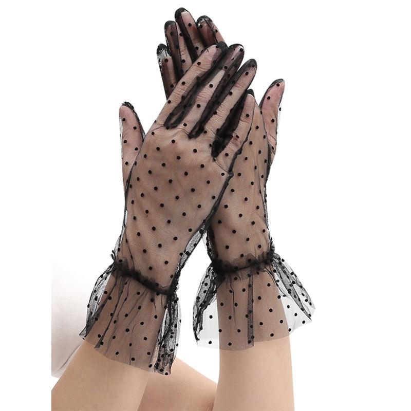 French Retro Polka Dot Mesh See-Through Lace Gloves Women'S Thin With Lace Wedding Dress Decoration Full Finger