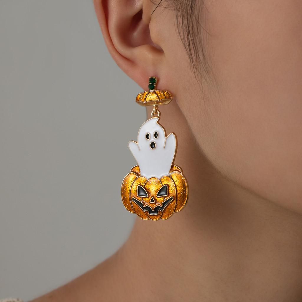 Chic Ghostly Pumpkin Earrings With Intricate Rhinestone Detailing Ideal For Fashionistas Halloween