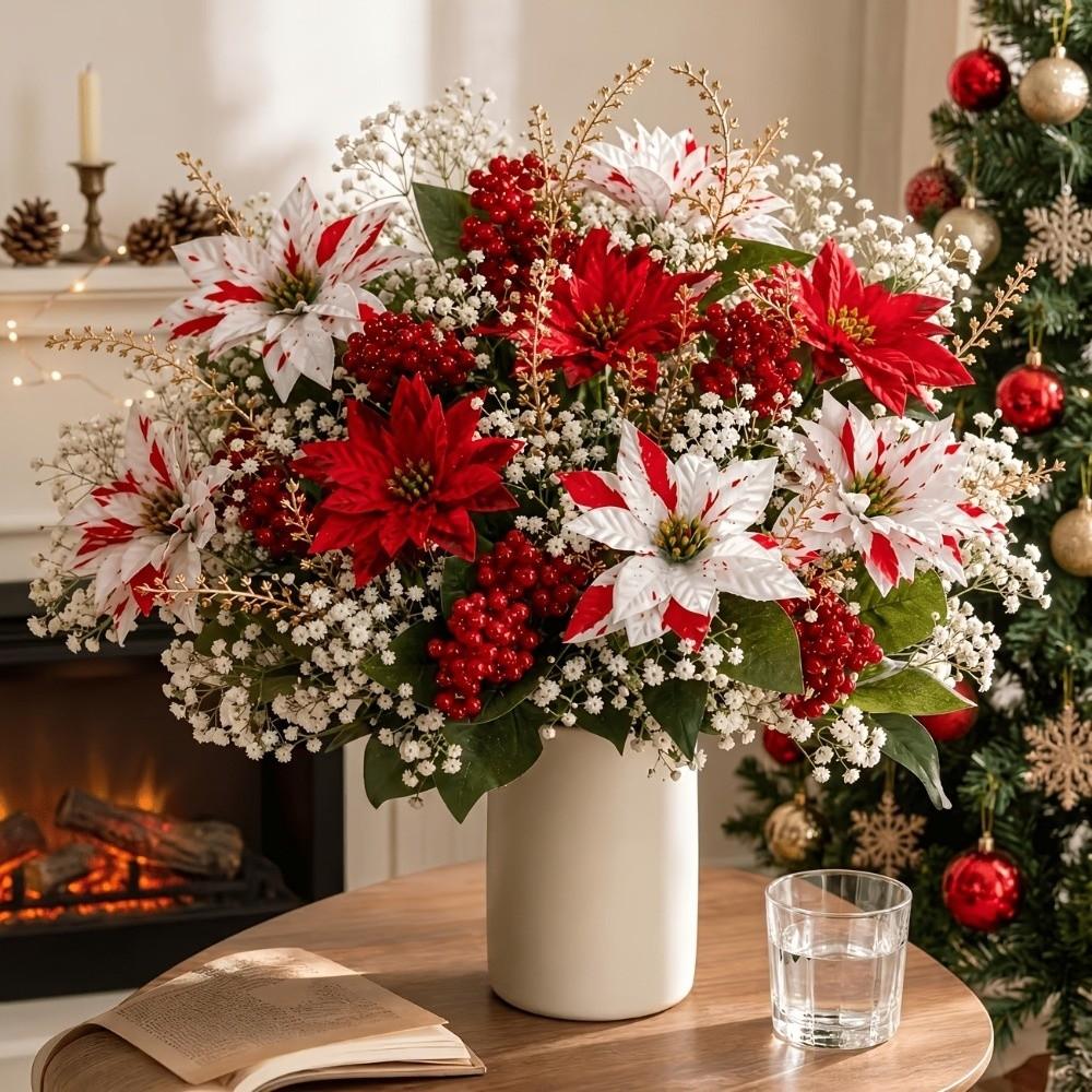 UV Resistant Artificial Poinsettia Bouquet Realistic Red Berries Christmas Flower Arrangement Fade Resistant Lush Leaves