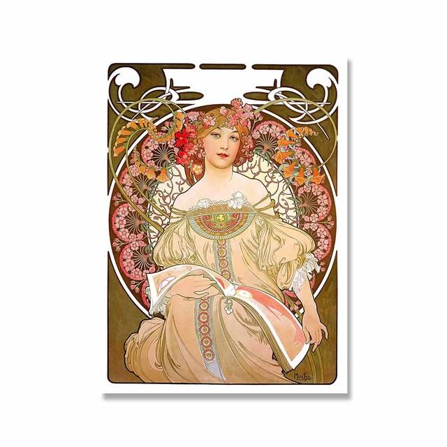 Retro Woman Alphonse Mucha Canvas Painting Nordic Art Poster Abstract Printmaking Museum Exhibition Mural Living Room Home Decor