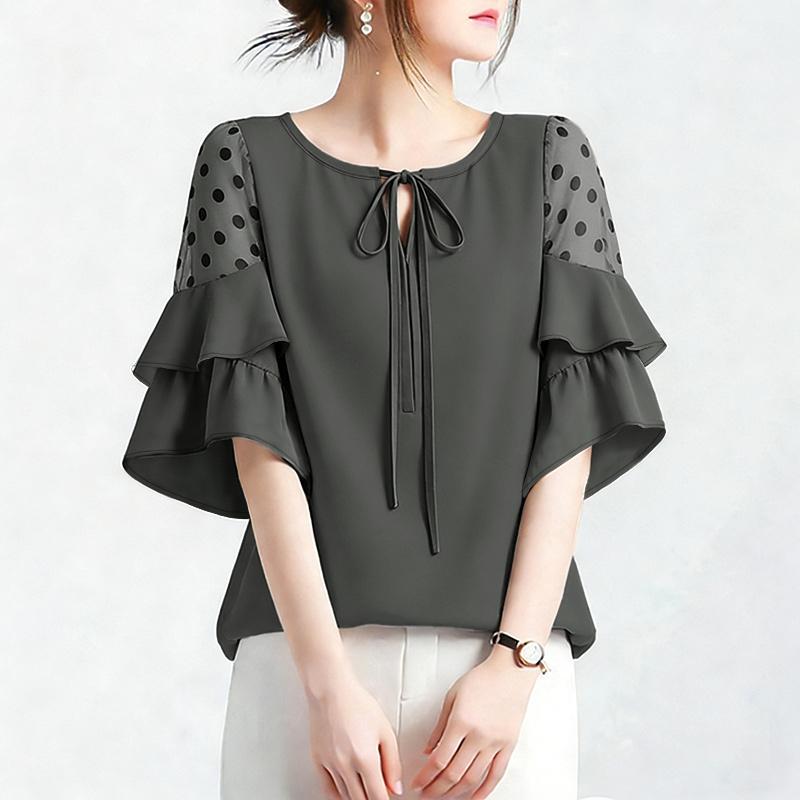 ZANZEA Women Casual Polka Dot Print Splice Loose Ruffles 3/4 Sleeve Blouse S серый