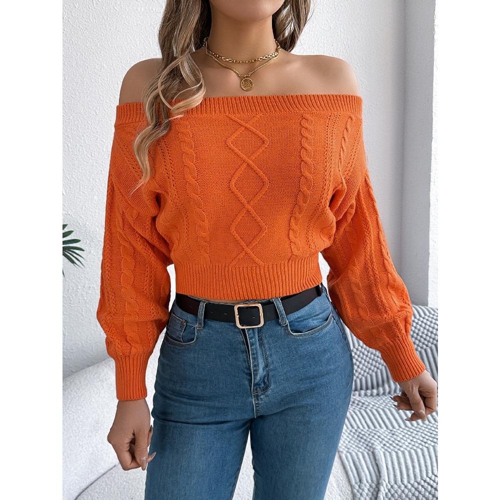 Women's Knitted Sweater Casual Solid Colour Off-the-Shoulder Long-Sleeved Pullover Sweatshirt
