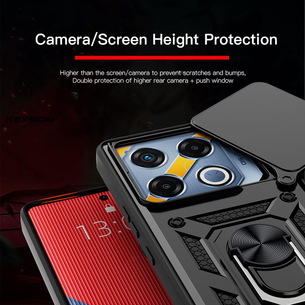 KEYSION Shockproof Armor Case for Infinix GT 20 Pro 5G Slide Camera Lens Protection Ring Stand Phone Cover for Infinix GT 20 Pro