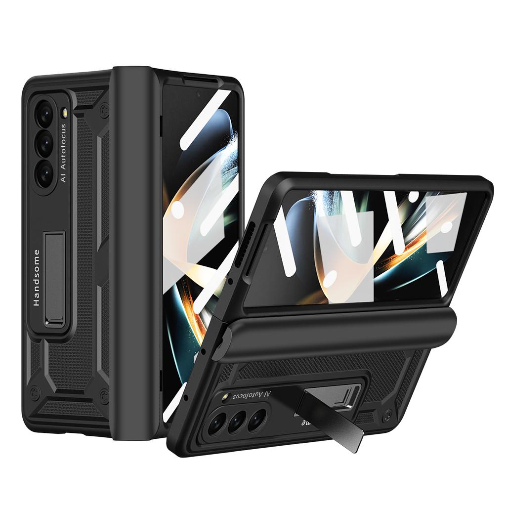 For Samsung Galaxy Z Fold5 5G Hard PC Hinge Protection Case Magnetic Kickstand Phone Cover with Tempered Glass Film