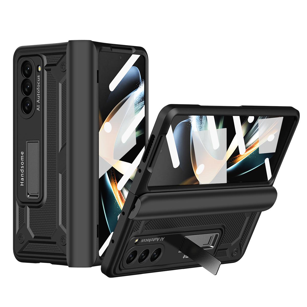 

For Samsung Galaxy Z Fold5 5G Hard PC Hinge Protection Case Magnetic Kickstand Phone Cover with Tempered Glass Film Black