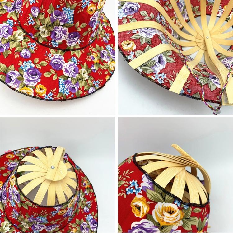 Foldable Hand Fan Sun Hat 2 In 1 Chinese Style Portable Floral Printed Handheld Fan Beach Cap Bamboo Hat