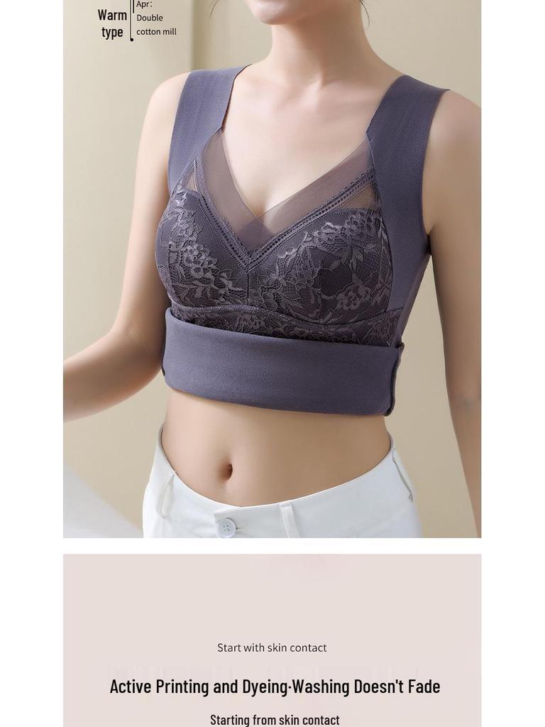 806 Women's V-Neck Seamless Lace Warm Vest with Chest Pad - Winter Base Layer