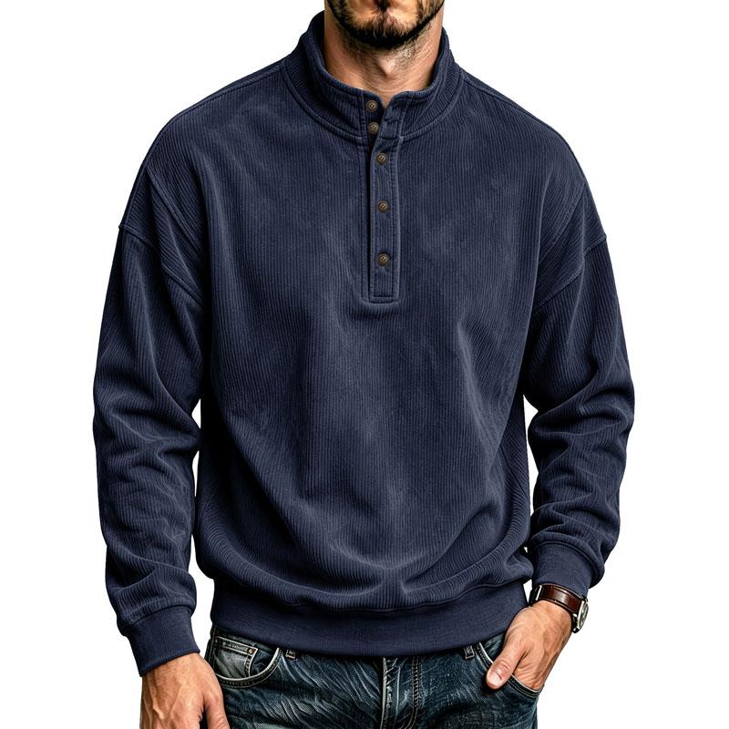 Sweatshirt Henley Homme Côtelé Lourd Col Montant Demi-Patte Boutonnée Pull Coupe Ample Manches Longues Hauts Décontractés Automne Hiver Hoodie Quotidien