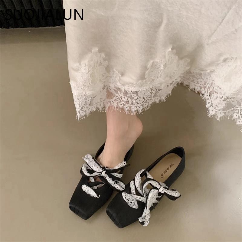 Fashion SUOJIALUN 2025 Spring New Brand Women Flat Shoes Fashion Round Toe Lace Up Ladies Elegant Ballerina Shoes Flat Ballet Shoes