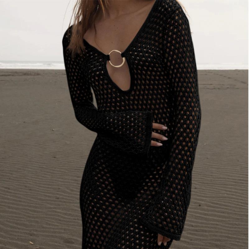 Women Hollow Out Mesh Beach Cover‑Up Dress V‑Neck Metal Ring Long Flare Sleeve See‑Through Maxi Dress For Beach Vacation Swimwear Cover