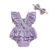 Baby Girl Easter Romper Bunny Embropidery Flying Sleeves Square Neck Bodysuit with Bow Headband