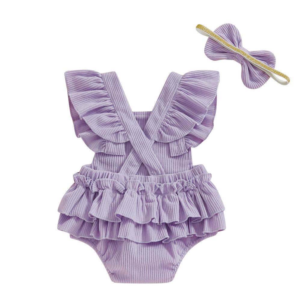 Baby Girl Easter Romper Bunny Embropidery Flying Sleeves Square Neck Bodysuit with Bow Headband