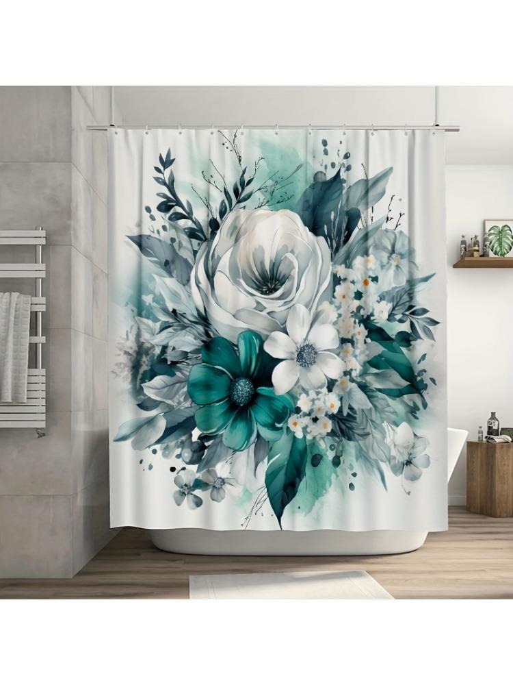 

Elegant Teal & White Floral Shower Curtain , Easy to Clean with Hooks for Bathroom & Bathtub Decor W90xH180cm