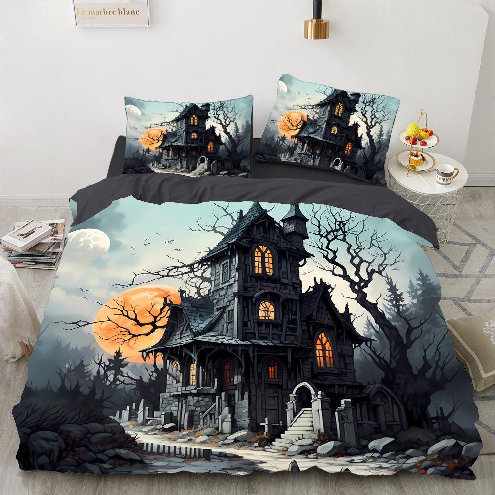 Dark Night Halloween Castle 3D Printed Bedding Set Cozy Soft Duvet Cover Set King Queen Twin Size Halloween Gift Bedroom Decor