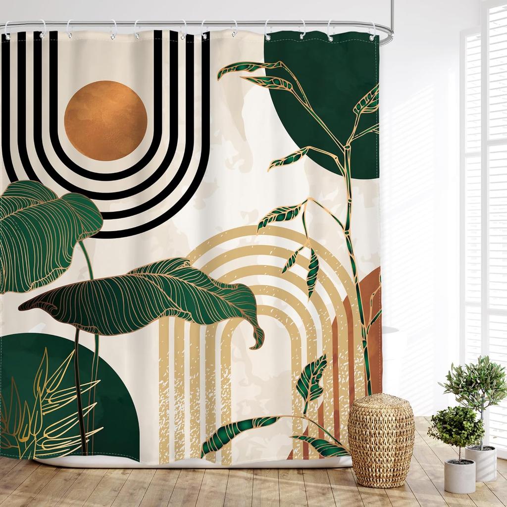 Geometric Nature Shower Curtain: Embrace The Modern Design, Soft Fabric, And Earthy Vibes For Your Stylish Bathroom