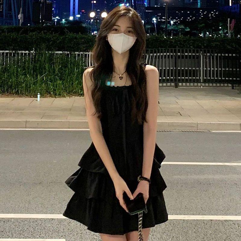 

2026 French Sweet Girl Black Spaghetti Strap Dress - Quality Base Layer, Little Black Dress XS (70-80 lbs)