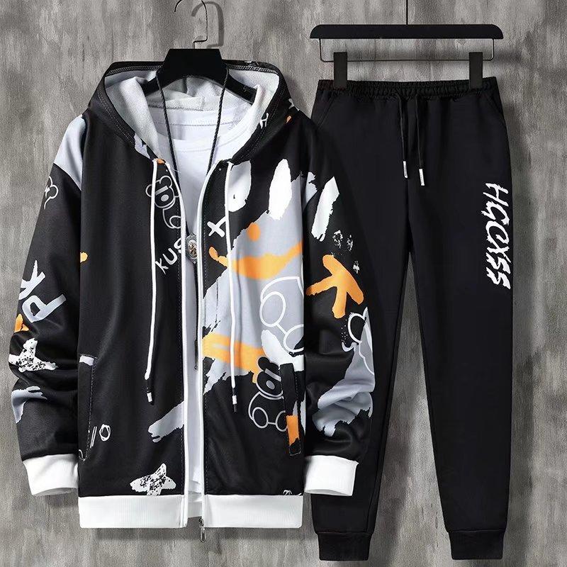 

Two Pcs Set Men Coat Pants Hooded Letter Print Drawstring Loose Jogging Set Hip Hop Men Sportwear Tracksuit XXXL чорний