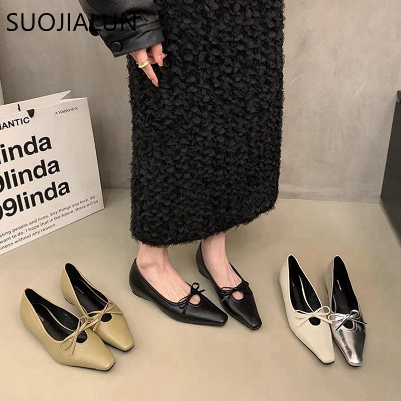 Fashion SUOJIALUN 2025 Spring New Women Flat Shoes Fashion Shallow Slip On Boat Shoes Low Wedge Heel Ladies Elegant Dress Single Shoes