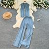 Summer Women Knitted Sweater Tracksuit Sleeveless Big Gold Button Tank Vest Tops and Wide Leg Pant Two Piece Set