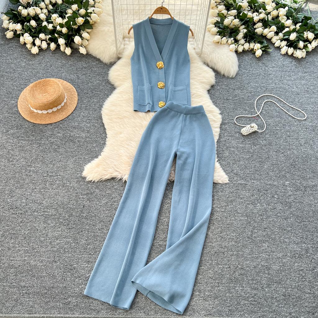 Summer Women Knitted Sweater Tracksuit Sleeveless Big Gold Button Tank Vest Tops and Wide Leg Pant Two Piece Set