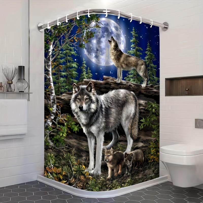 Wolf Family Shower Curtain Moonlight Forest Scene Wild Animal Art Nature Decor Waterproof Fabric Bath Curtain Set Home 90x180CM