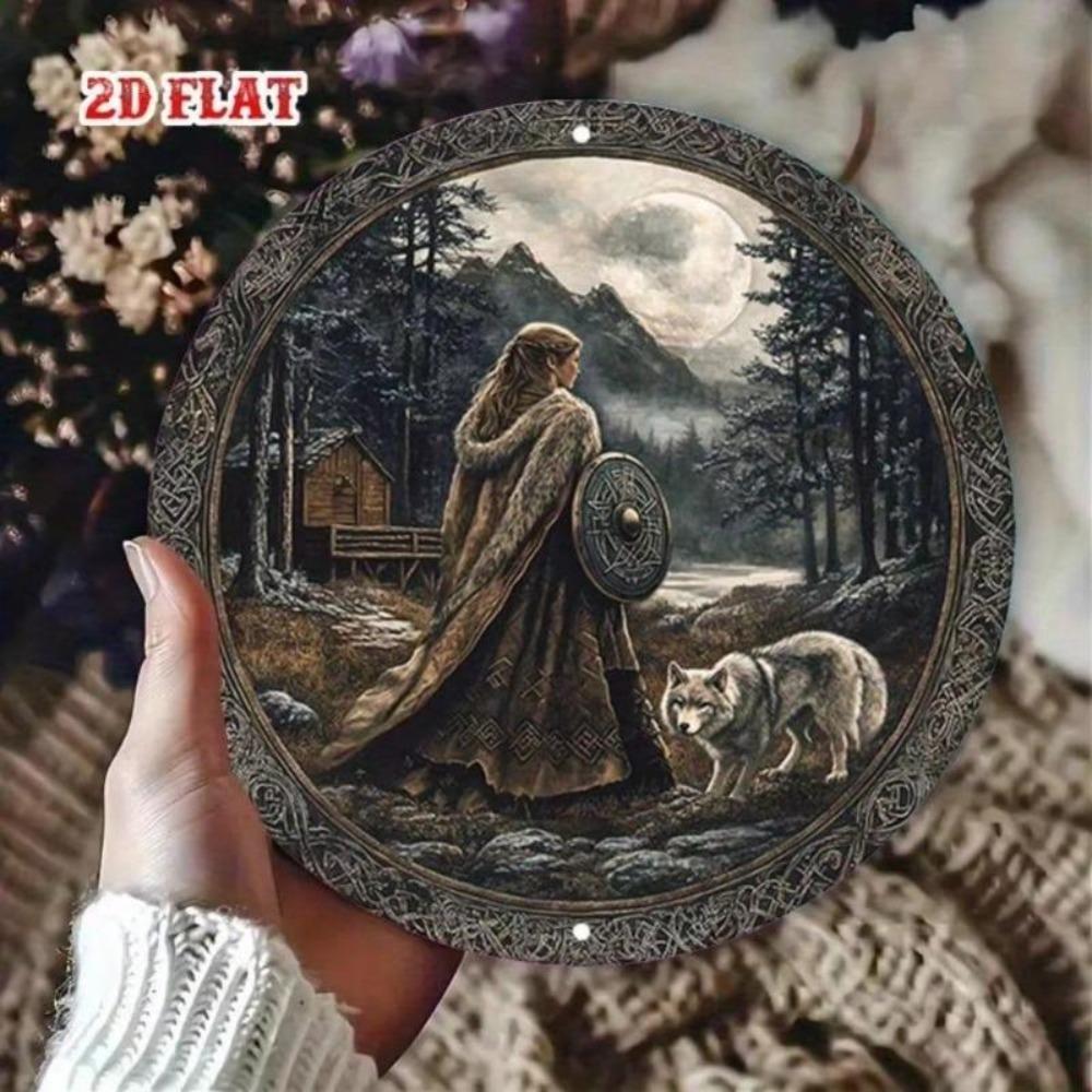 Nordic Style Aluminum Wall Art Round Viking Woman with Wolf Shield Metal Home Decor