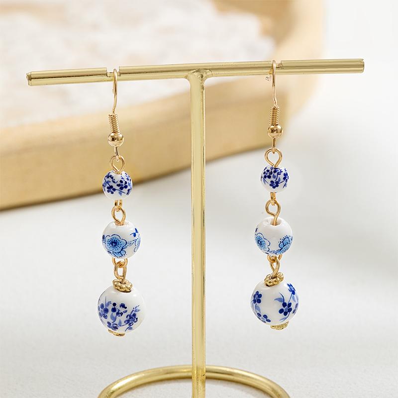 

Blue White Porcelain Bead Earrings Round Chinese Style Retro for Women Han Fu Long Earring Pendant Niche Fashion Trend Accessory синий